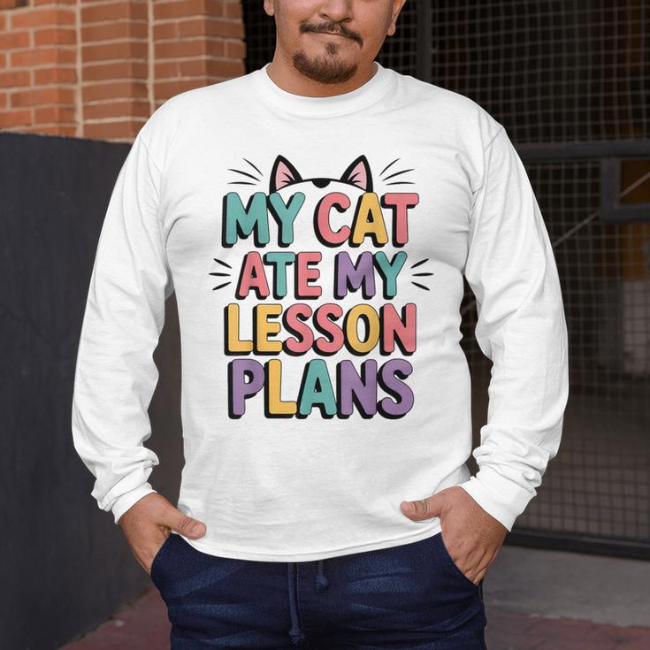 My Cat Ate My Lesson Plans Teacher Cat Humor Men's Long Sleeve T-Shirt, funny design