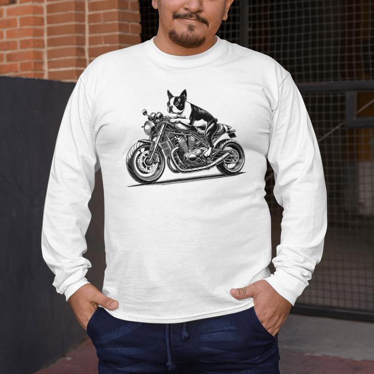 Cool Boston Terrier Riding a Motorcycle Biker Dog Lover For Men Women Kids Men's Long Sleeve T-Shirt, funny design