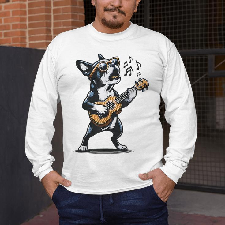 Dog Playing Guitar Singing Boston Terrier For Men Women Girls Kids Men's Long Sleeve T-Shirt, funny design