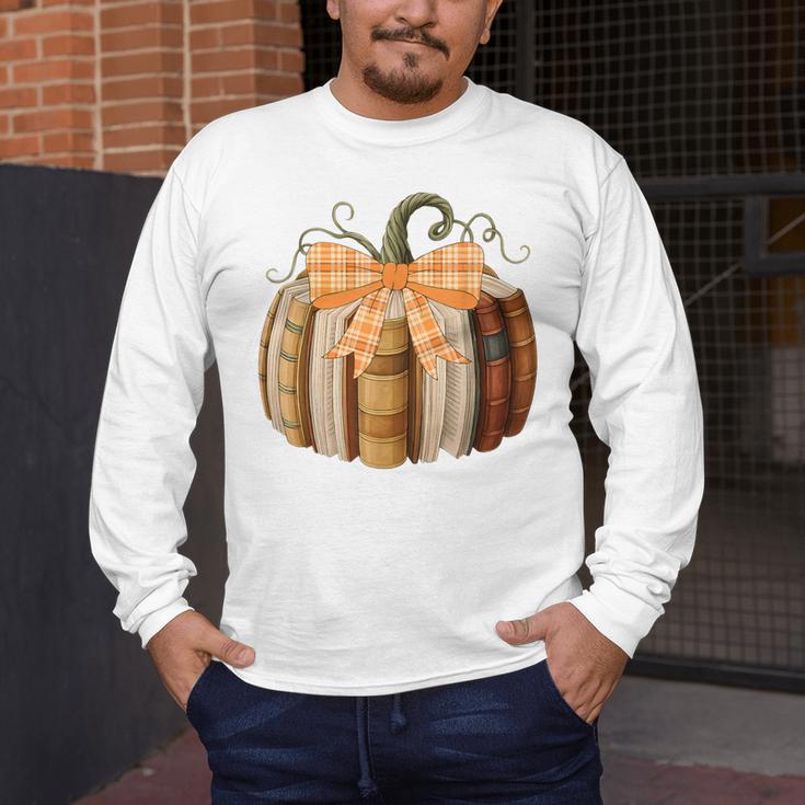 Fall Book Pumpkin Halloween Teacher Librarian Thanksgiving Men's Long Sleeve T-Shirt, funny design