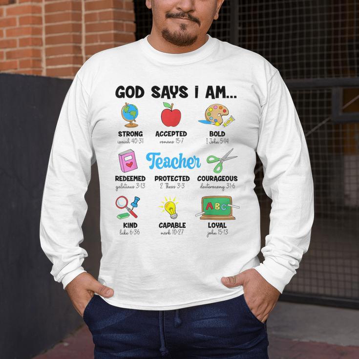 God Says Im Teacher Christian Back To School Religious Men's Long Sleeve T-Shirt, funny design God Says Im Teacher Christian Back To School Religious Men's Long Sleeve T-Shirt, funny design