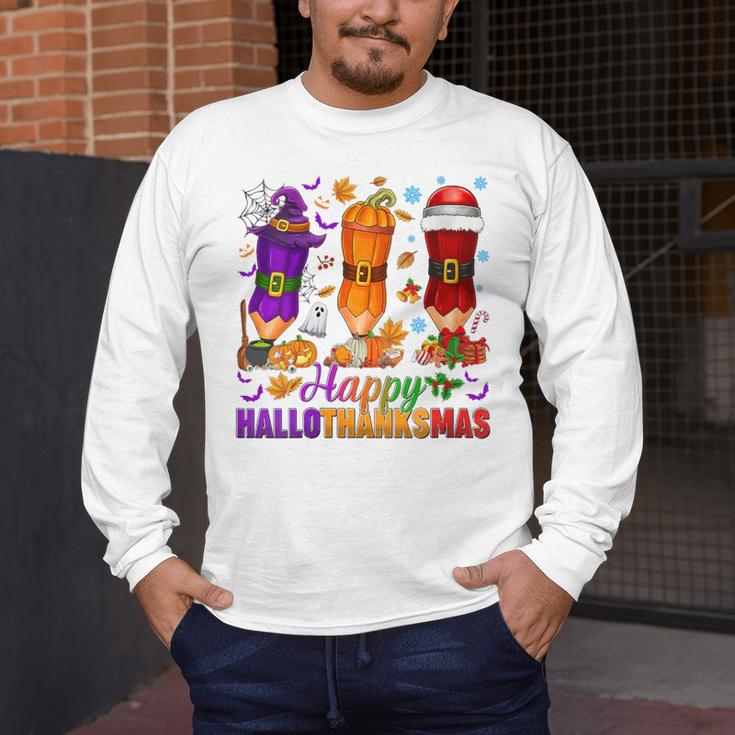 Happy Hallothanksmas Halloween Thanksgiving Pencils Teachers Men's Long Sleeve T-Shirt, funny design Happy Hallothanksmas Halloween Thanksgiving Pencils Teachers Men's Long Sleeve T-Shirt, funny design