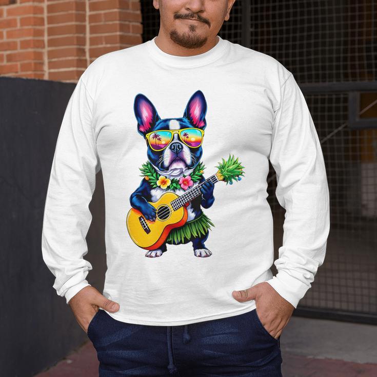 Hawaiian Boston Terrier & Pineapple Ukulele Summer Vacation Men's Long Sleeve T-Shirt, funny design