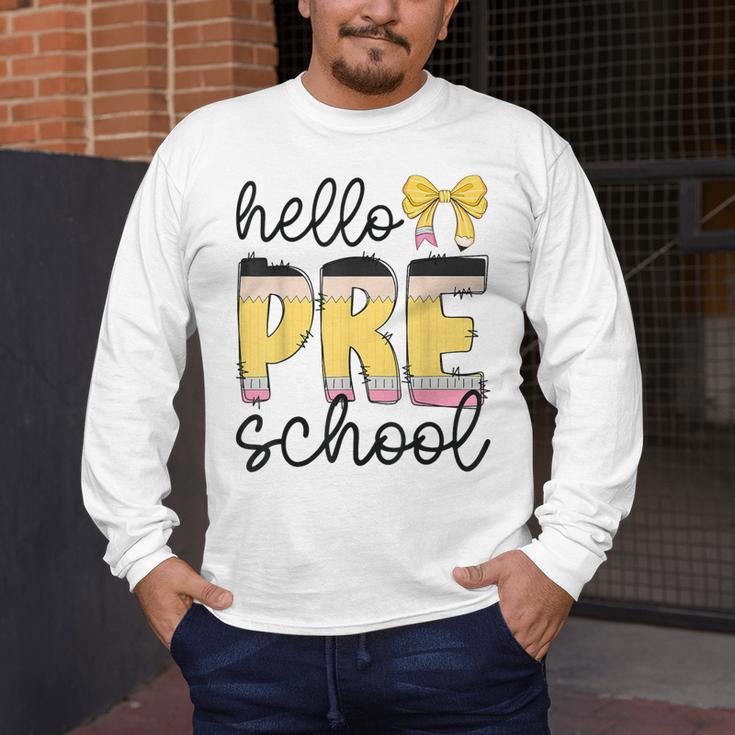 Hello Pre-K Preschool Back To School First Day Teacher Kids Men's Long Sleeve T-Shirt, funny design