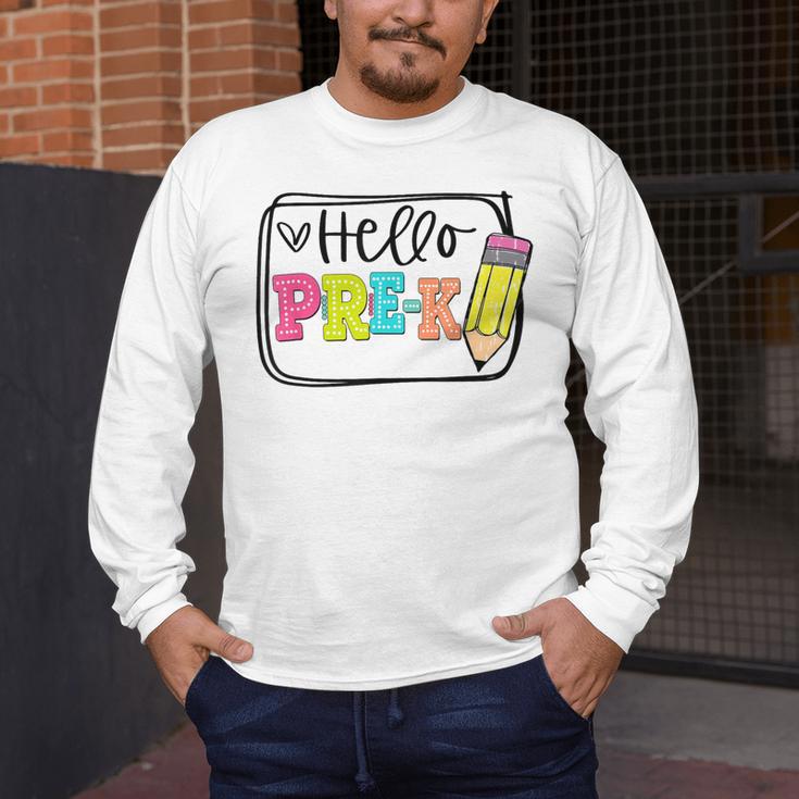 Hello Pre-K Team Preschool Teacher Kids Back To School Men's Long Sleeve T-Shirt, funny design