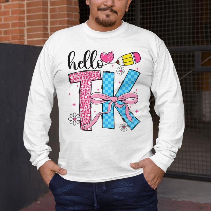 Hello TK Transitional Kindergarten Back To School Teacher Men's Long Sleeve T-Shirt, funny design Hello TK Transitional Kindergarten Back To School Teacher Men's Long Sleeve T-Shirt, funny design