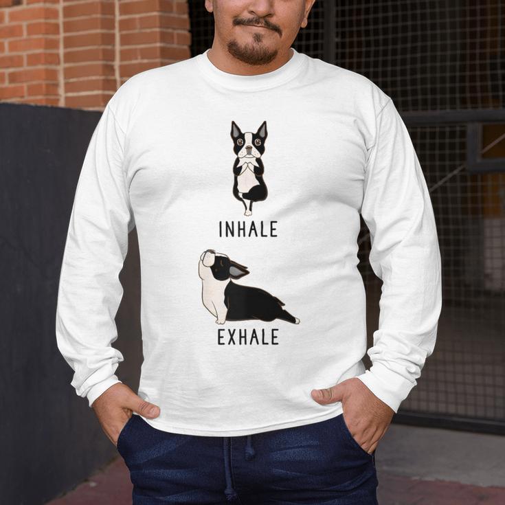 Inhale Exhale Yoga Boston Terrier Tshirt Men's Long Sleeve T-Shirt, funny design