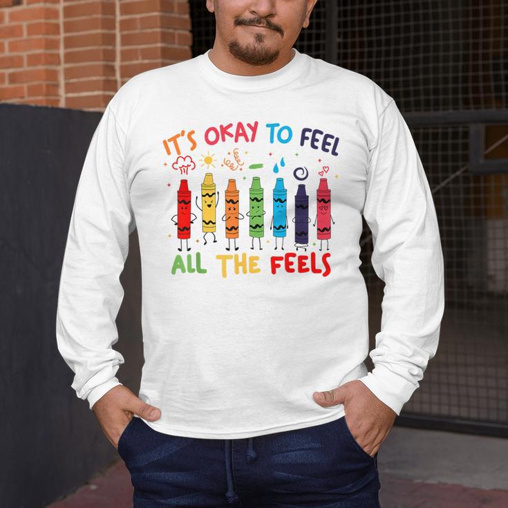 Its Okay To Feel All The Feels Mood Color Crayons Teacher Men's Long Sleeve T-Shirt, funny design Its Okay To Feel All The Feels Mood Color Crayons Teacher Men's Long Sleeve T-Shirt, funny design