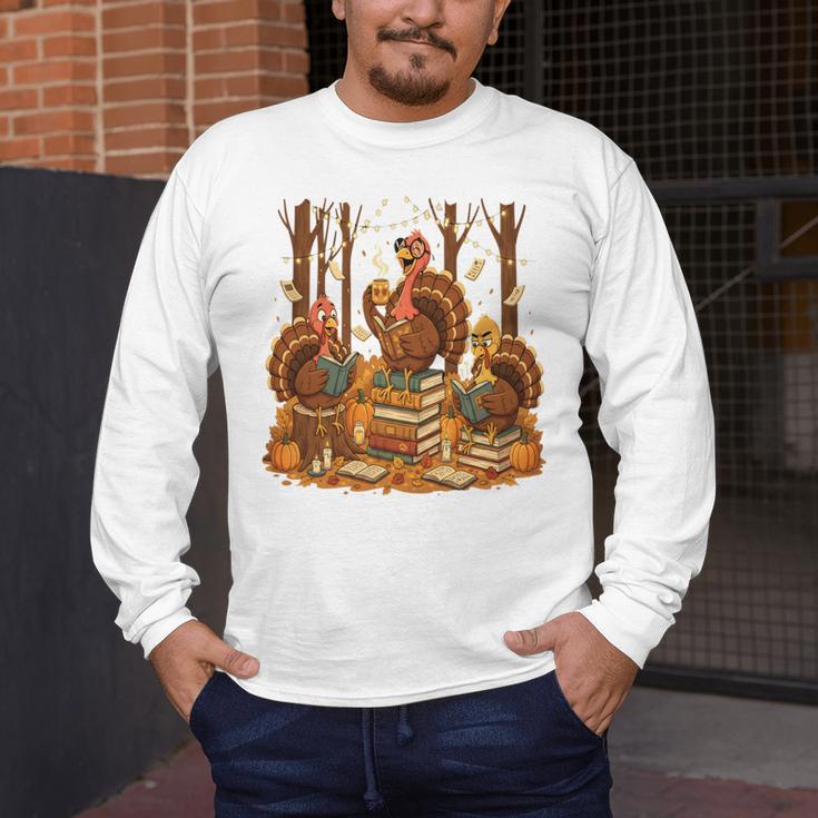 Librarian Turkey Reading Book Fall Thanksgiving Teacher Book Men's Long Sleeve T-Shirt, funny design