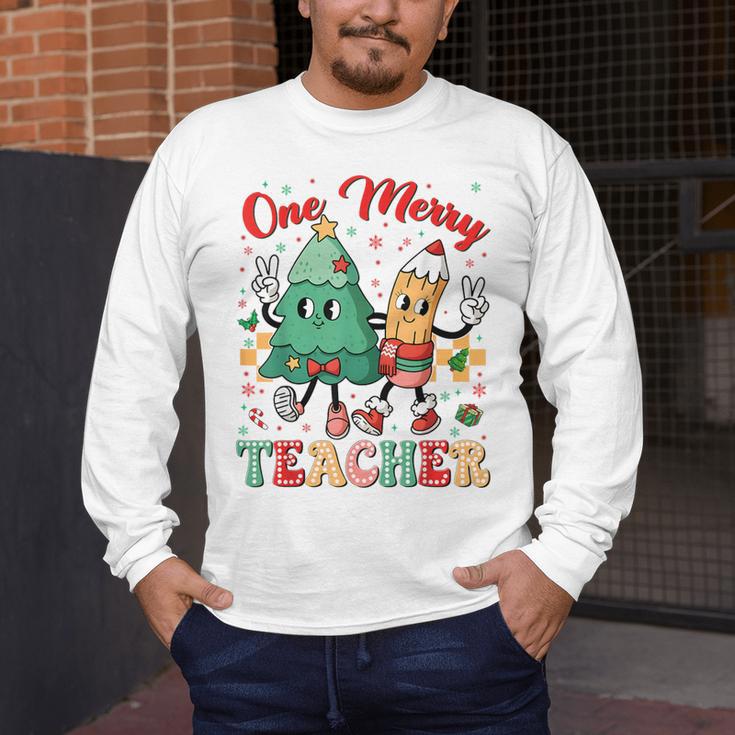 One Merry Teacher Groovy Christmas Tree Pjs Xmas Teacher Men's Long Sleeve T-Shirt, funny design