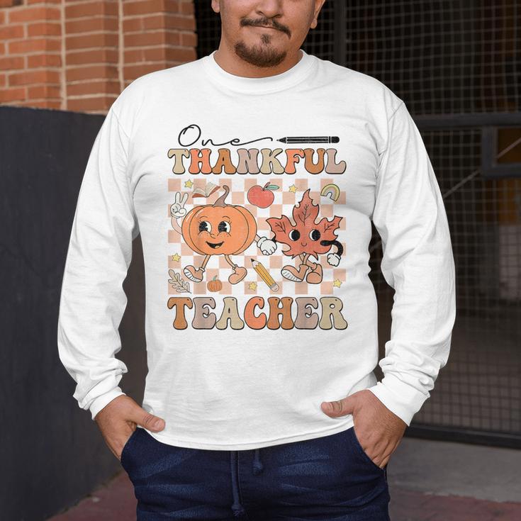 One Thankful Teacher Thanksgiving Groovy Fall Autumn Teacher Men's Long Sleeve T-Shirt, funny design One Thankful Teacher Thanksgiving Groovy Fall Autumn Teacher Men's Long Sleeve T-Shirt, funny design