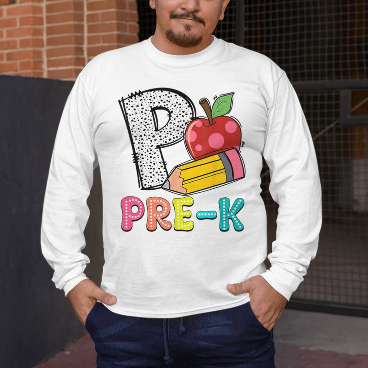 P Is For Pre-K Teacher Pencil Apple Back To School Men's Long Sleeve T-Shirt, funny design P Is For Pre-K Teacher Pencil Apple Back To School Men's Long Sleeve T-Shirt, funny design