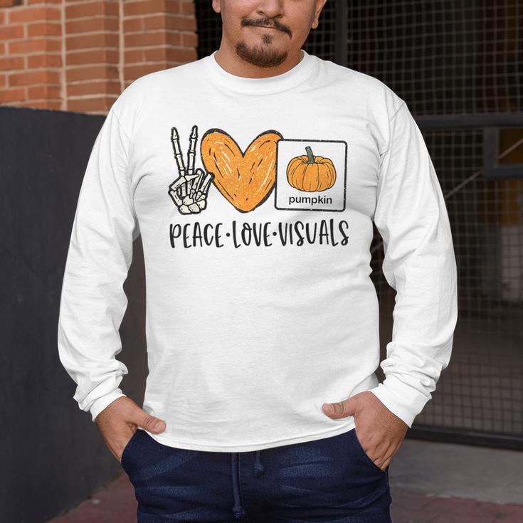 Peace Love Visuals Sped Teacher Pumpkin Skeleton Halloween Men's Long Sleeve T-Shirt, funny design Peace Love Visuals Sped Teacher Pumpkin Skeleton Halloween Men's Long Sleeve T-Shirt, funny design