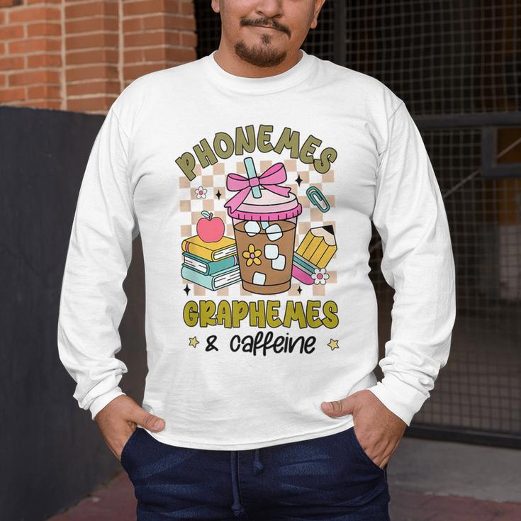 Phonemes Graphemes Caffeine Back To School Reading Teacher Men's Long Sleeve T-Shirt, funny design Phonemes Graphemes Caffeine Back To School Reading Teacher Men's Long Sleeve T-Shirt, funny design