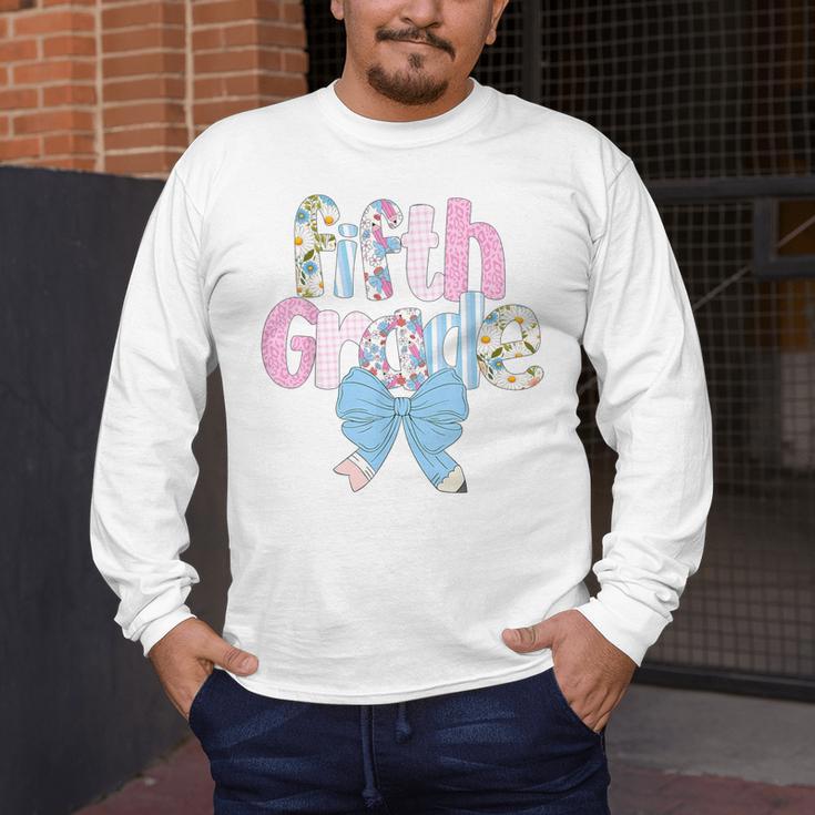 Preppy Fifth Grade Teacher Blue Floral Coquette Pencil Bow Men's Long Sleeve T-Shirt, funny design Preppy Fifth Grade Teacher Blue Floral Coquette Pencil Bow Men's Long Sleeve T-Shirt, funny design