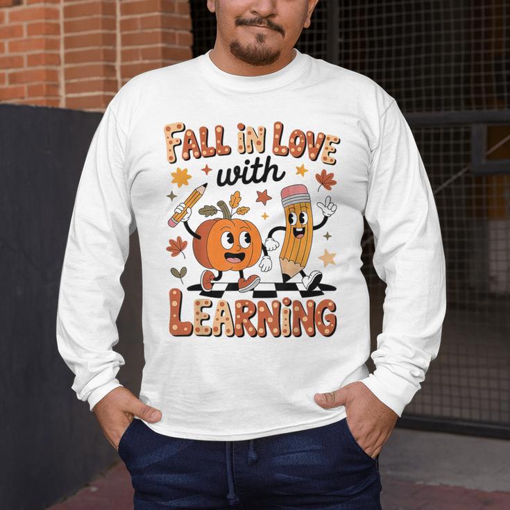 Retro Fall In Love With Learning Autumn Pumpkin Teacher Kids Men's Long Sleeve T-Shirt, funny design Retro Fall In Love With Learning Autumn Pumpkin Teacher Kids Men's Long Sleeve T-Shirt, funny design