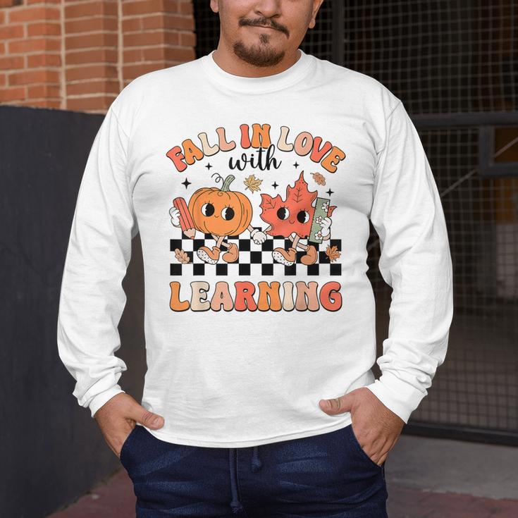 Retro Fall In Love With Learning Autumn Pumpkin Teacher Men's Long Sleeve T-Shirt, funny design