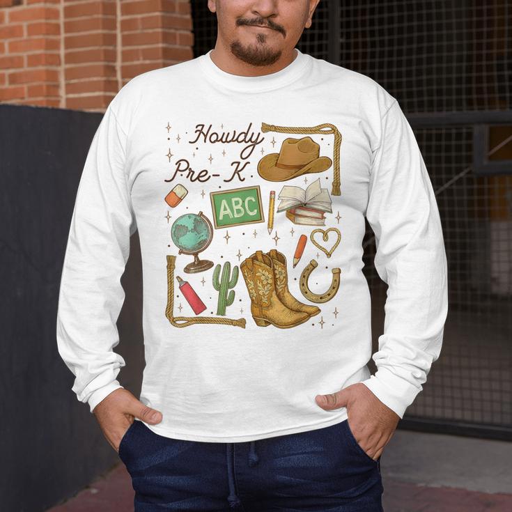 Retro Howdy Pre-K Back To School Western Teacher Men's Long Sleeve T-Shirt, funny design Retro Howdy Pre-K Back To School Western Teacher Men's Long Sleeve T-Shirt, funny design