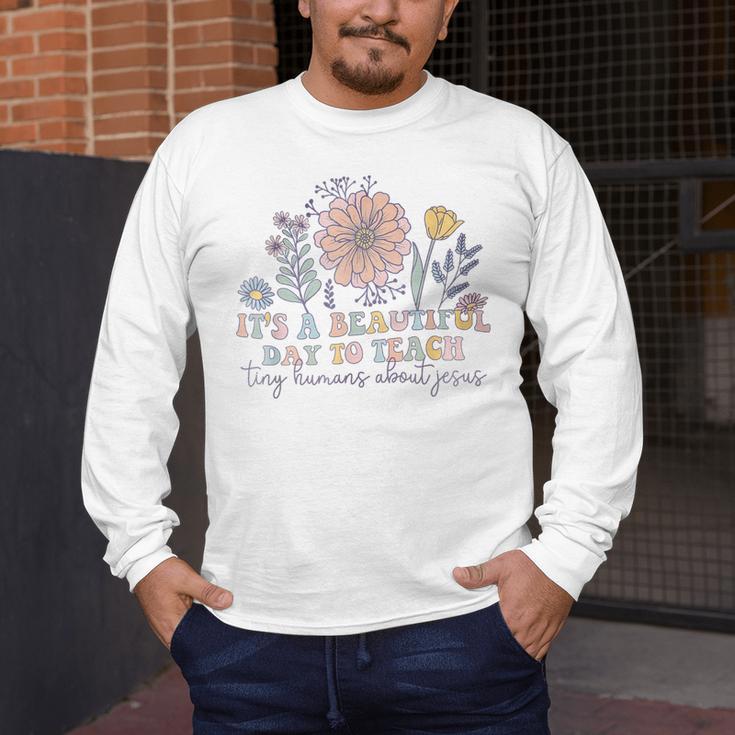 Retro I Teach Tiny Humans About Jesus Christian Teacher Men's Long Sleeve T-Shirt, funny design