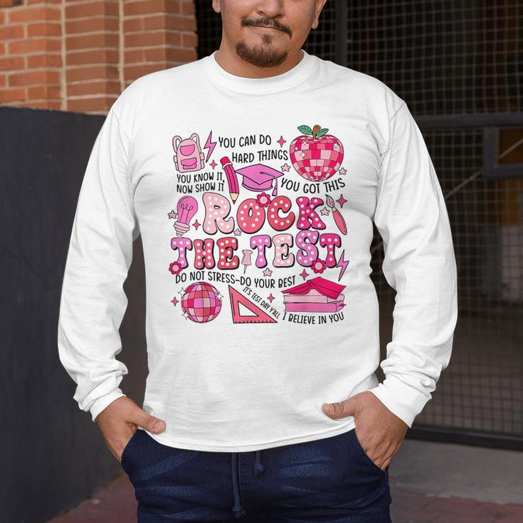 Rock The Test Testing Day Don't Stress Do Your Best Teacher For Men Women Girls Kids Men's Long Sleeve T-Shirt, funny design