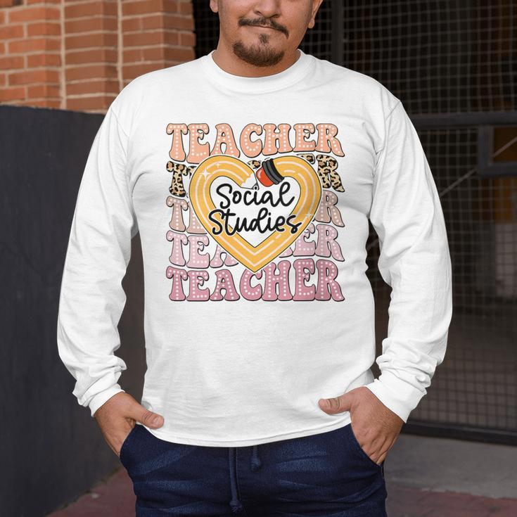 Social Studies Teacher Pencil Heart Leopard Back To School Men's Long Sleeve T-Shirt, funny design