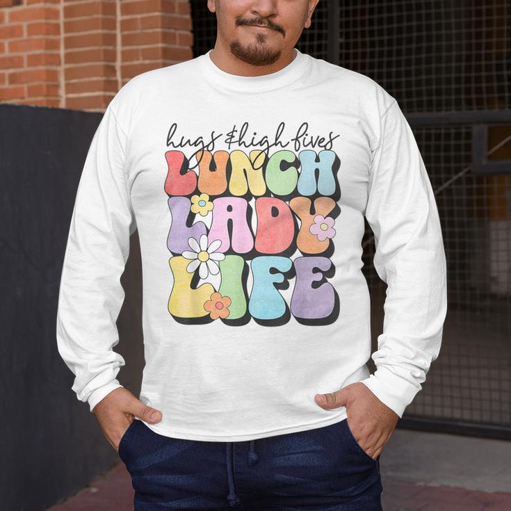 Soul Bleach Teacher Staff First Day Of School Last Hugs & High Fives Lunch Lady Vibes Blue Classic Fit Men's Long Sleeve T-Shirt, funny design