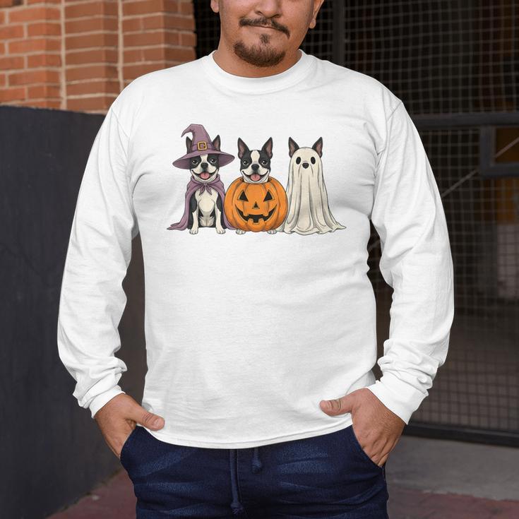 Spooky Ghost Boston Terrier Pumpkin Halloween Dog Lover Men's Long Sleeve T-Shirt, funny design