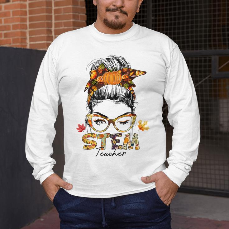 STEM Teacher Messy Bun Fall Vibes Autumn Thanksgiving Men Women Men's Long Sleeve T-Shirt, funny design STEM Teacher Messy Bun Fall Vibes Autumn Thanksgiving Men Women Men's Long Sleeve T-Shirt, funny design