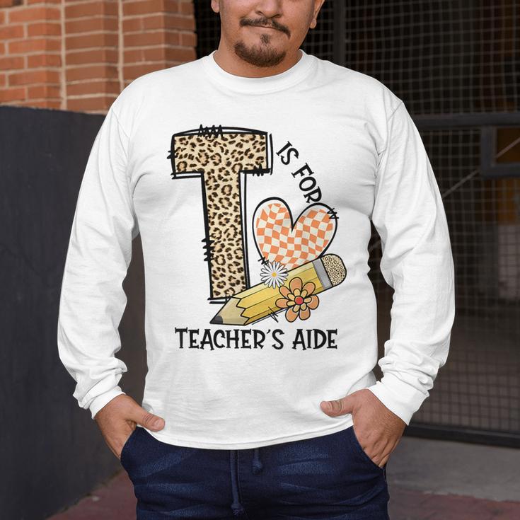 T Is For Teacher’s Aide Back To First Day Of School Leopard Men Women Girls Kids Men's Long Sleeve T-Shirt, funny design T Is For Teacher’s Aide Back To First Day Of School Leopard Men Women Girls Kids Men's Long Sleeve T-Shirt, funny design