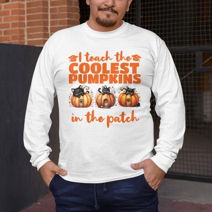 I Teach The Cutest Pumpkins Halloween Teacher Cat Lover Men's Long Sleeve T-Shirt, funny design