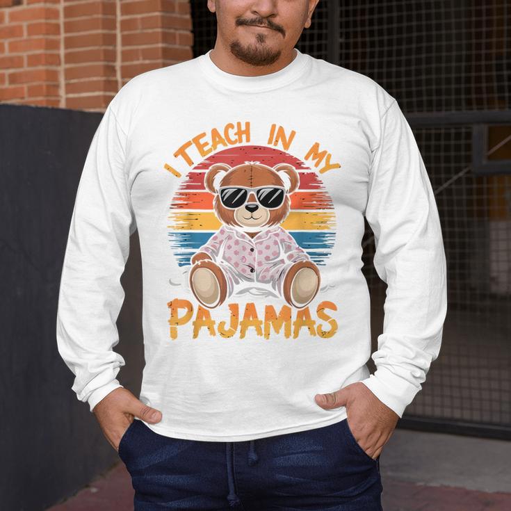 I Teach In My Pajamas Teacher Sunset Bear Retro Men's Long Sleeve T-Shirt, funny design