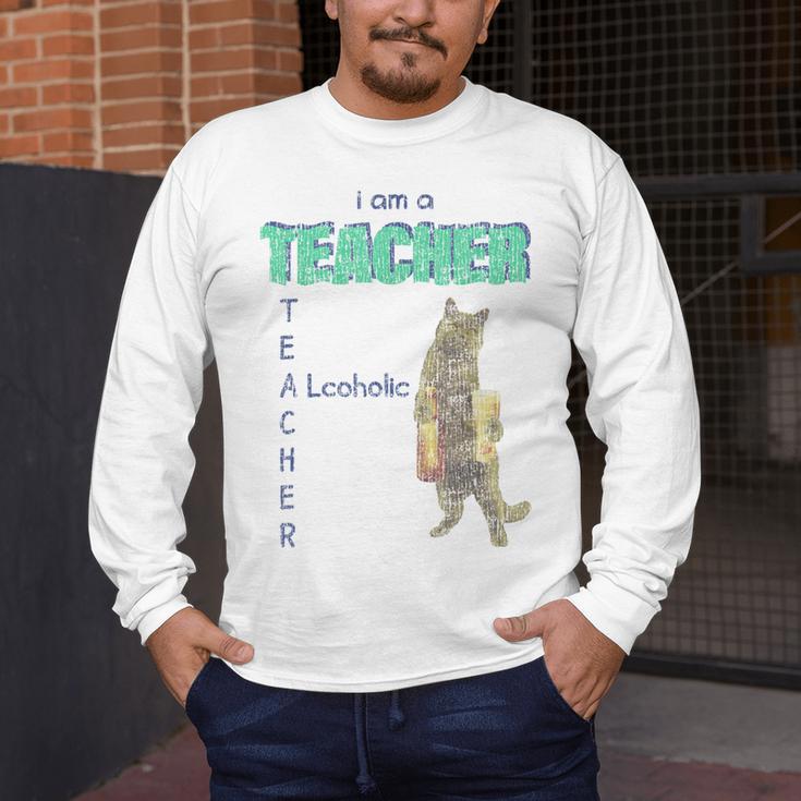 I Am A Teacher Alcoholic Cat Beer Feline Men Women Men's Long Sleeve T-Shirt, funny design