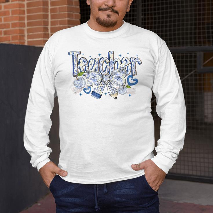 Teacher Blue Chinoiserie Coquette Bow Heart Teacher Life Men's Long Sleeve T-Shirt, funny design Teacher Blue Chinoiserie Coquette Bow Heart Teacher Life Men's Long Sleeve T-Shirt, funny design