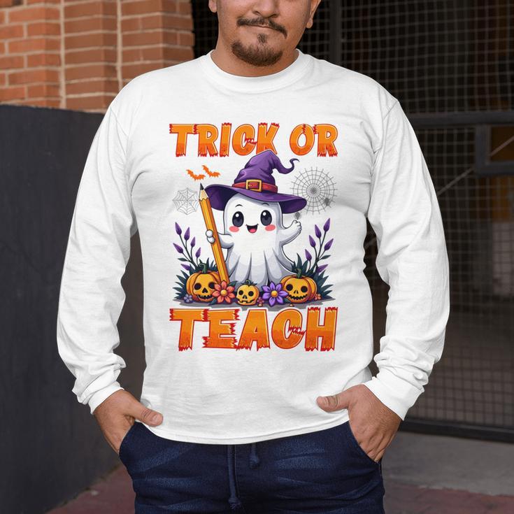Trick Or Teach Teacher Halloween Ghost Pencil Floral Men's Long Sleeve T-Shirt, funny design