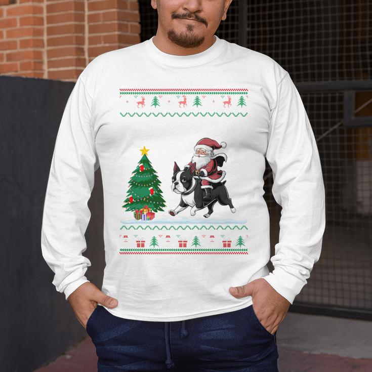 Ugly Christmas Tree Lights Xmas Santa Riding Boston Terrier Men's Long Sleeve T-Shirt, funny design