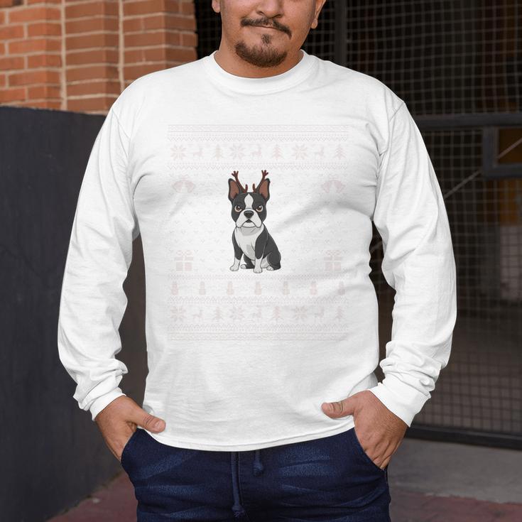 Ugly Xmas Sweater Style Boston Terrier Reindeer Christmas Men's Long Sleeve T-Shirt, funny design