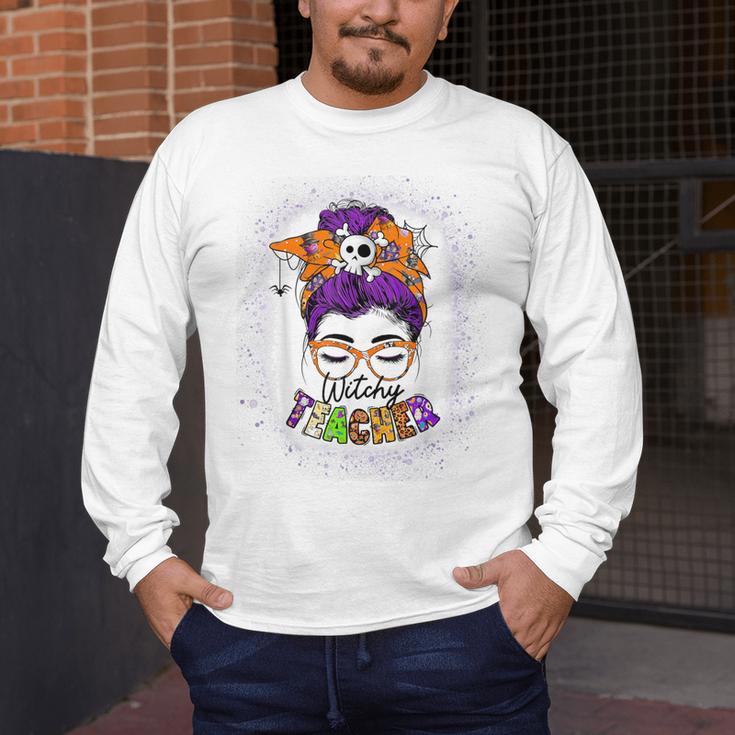Witchy Teacher Halloween Messy Bun Teacher Bleached Men's Long Sleeve T-Shirt, funny design