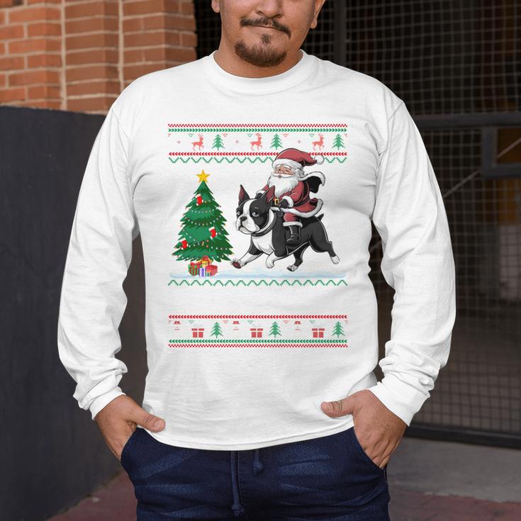 Xmas Tree Lighting Santa Riding Boston Terrier Christmas Men's Long Sleeve T-Shirt, funny design