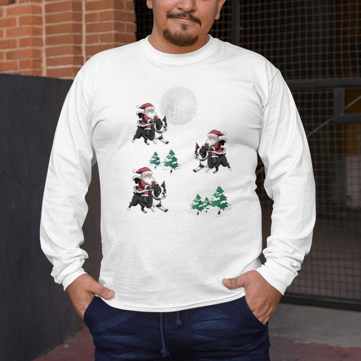Xmas Tree Santa Riding Boston Terrier Christmas Men's Long Sleeve T-Shirt, funny design