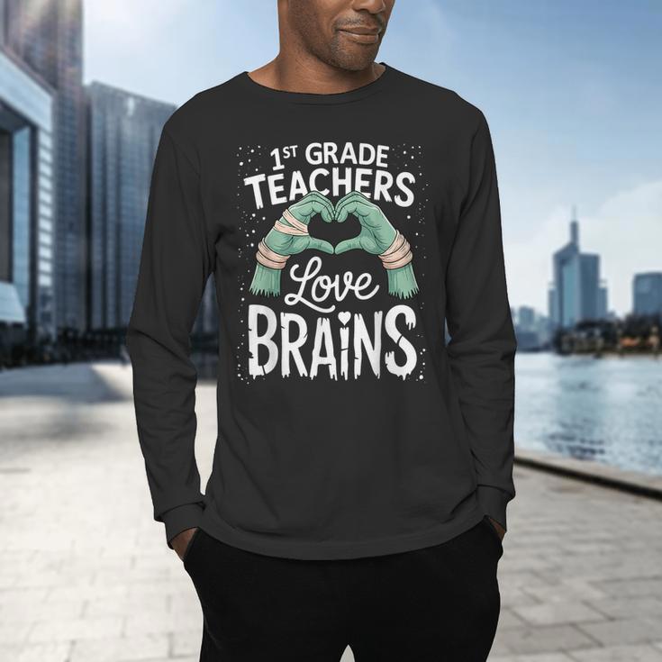 1st Grade Teachers Love Brains Shirt Halloween Teacher Men's Long Sleeve T-Shirt, gift for family, gift for coworker 1st Grade Teachers Love Brains Shirt Halloween Teacher Men's Long Sleeve T-Shirt, gift for family, gift for coworker