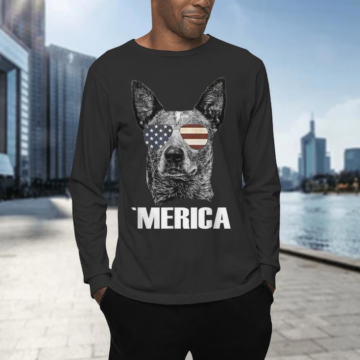 4th July Blue Heeler Dog Merica Patriotic USA Flag Cute Men's Long Sleeve T-Shirt, gift for family, gift for coworker