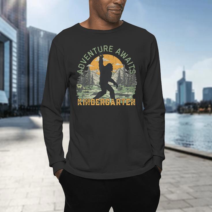 Adventure Awaits Bigfoot Teacher Kindergarten Back To School Men's Long Sleeve T-Shirt, gift for family, gift for coworker Adventure Awaits Bigfoot Teacher Kindergarten Back To School Men's Long Sleeve T-Shirt, gift for family, gift for coworker