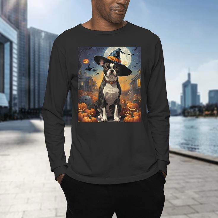Aesthetic Halloween Boston Terrier Dog Witch Pumpkin For Men Women Kids Men's Long Sleeve T-Shirt, gift for family, gift for coworker