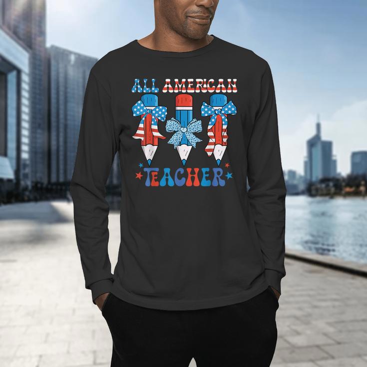 All American Teacher Pencil Coquette Bow USA Flag Teachers Men's Long Sleeve T-Shirt, gift for family, gift for coworker All American Teacher Pencil Coquette Bow USA Flag Teachers Men's Long Sleeve T-Shirt, gift for family, gift for coworker