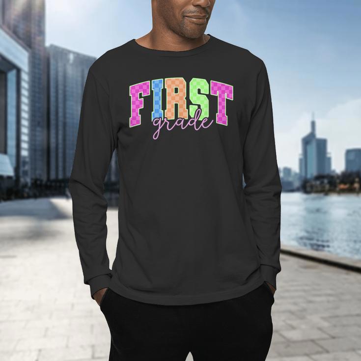 Back To School Neon Checkered First Grade Colorful Teacher Men's Long Sleeve T-Shirt, gift for family, gift for coworker Back To School Neon Checkered First Grade Colorful Teacher Men's Long Sleeve T-Shirt, gift for family, gift for coworker