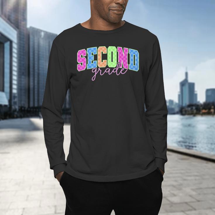 Back To School Neon Checkered Second Grade Colorful Teacher Men's Long Sleeve T-Shirt, gift for family, gift for coworker