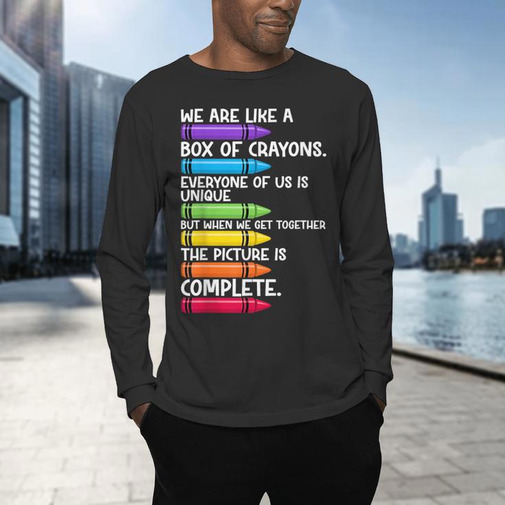 Back To School Teacher We Are Like A Box Of Crayons Men's Long Sleeve T-Shirt, gift for family, gift for coworker Back To School Teacher We Are Like A Box Of Crayons Men's Long Sleeve T-Shirt, gift for family, gift for coworker