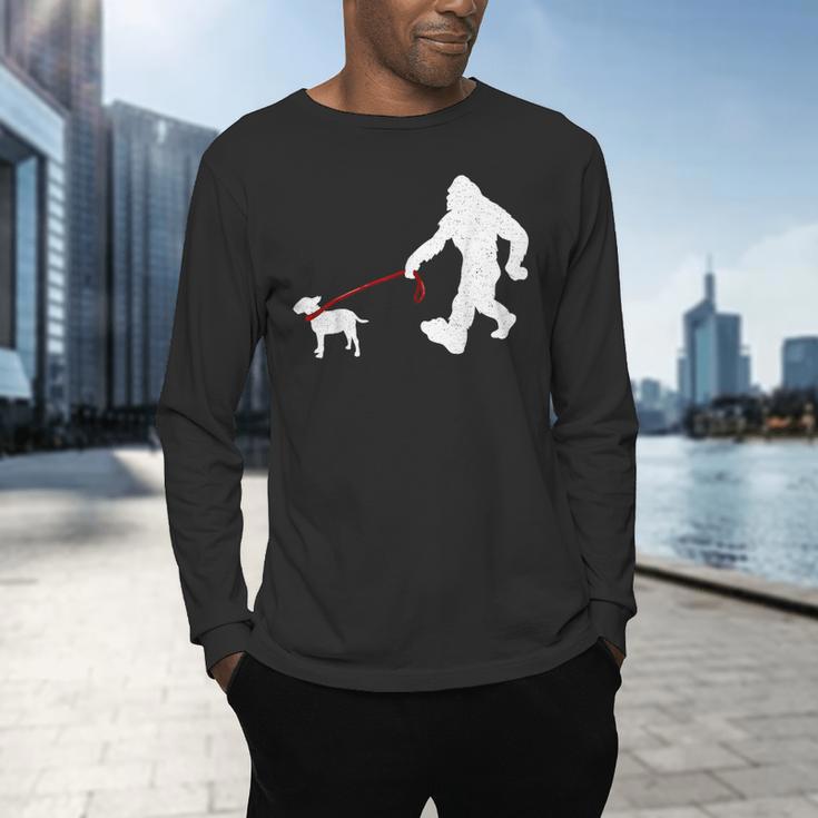 Bigfoot Walking With Bull Terrier Dog Men's Long Sleeve T-Shirt, gift for family, gift for coworker