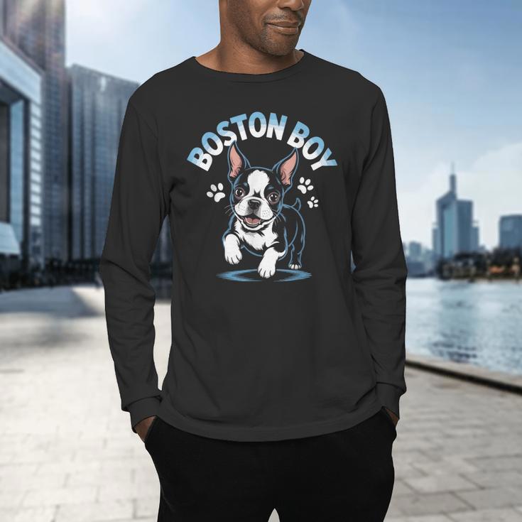 Boston Terrier Boy Cute Cartoon Dog Owner Pet Boston Terrier Men's Long Sleeve T-Shirt, gift for family, gift for coworker