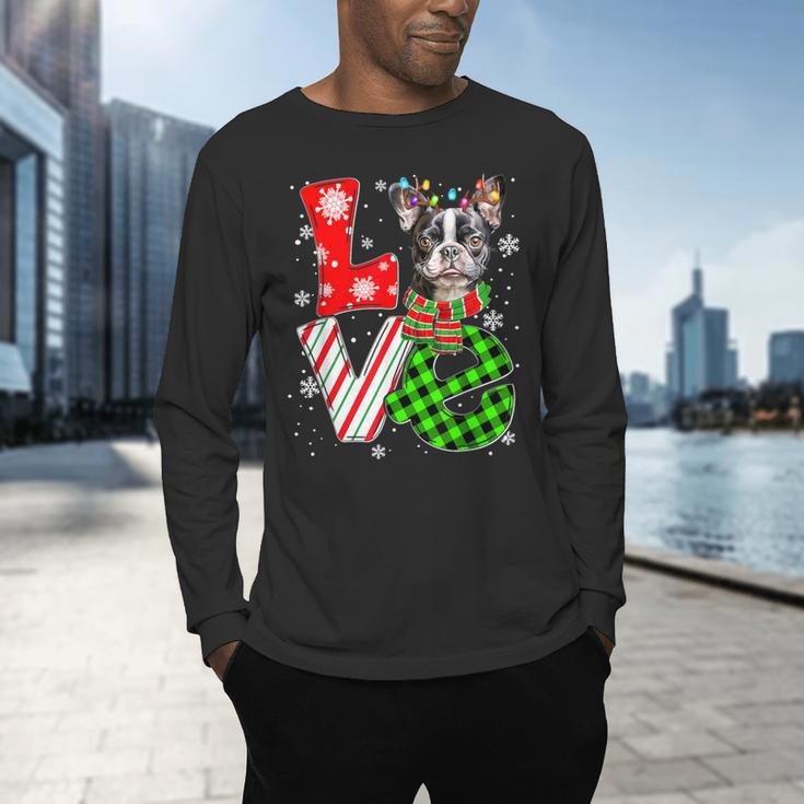 Boston Terrier Christmas Tree Lights Santa Dog Xmas For Men Women Kids Men's Long Sleeve T-Shirt, gift for family, gift for coworker